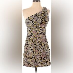 Zara Size 5 One Shoulder Mini Party Dress Purple Black Gold Floral Print